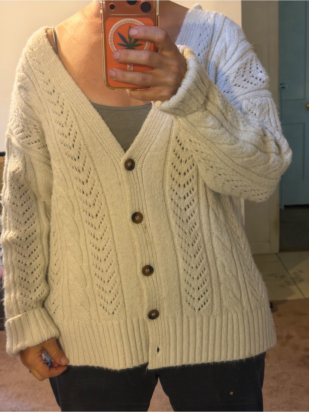 Anthropologie Cream Cable-Knit Button Front Cardigan